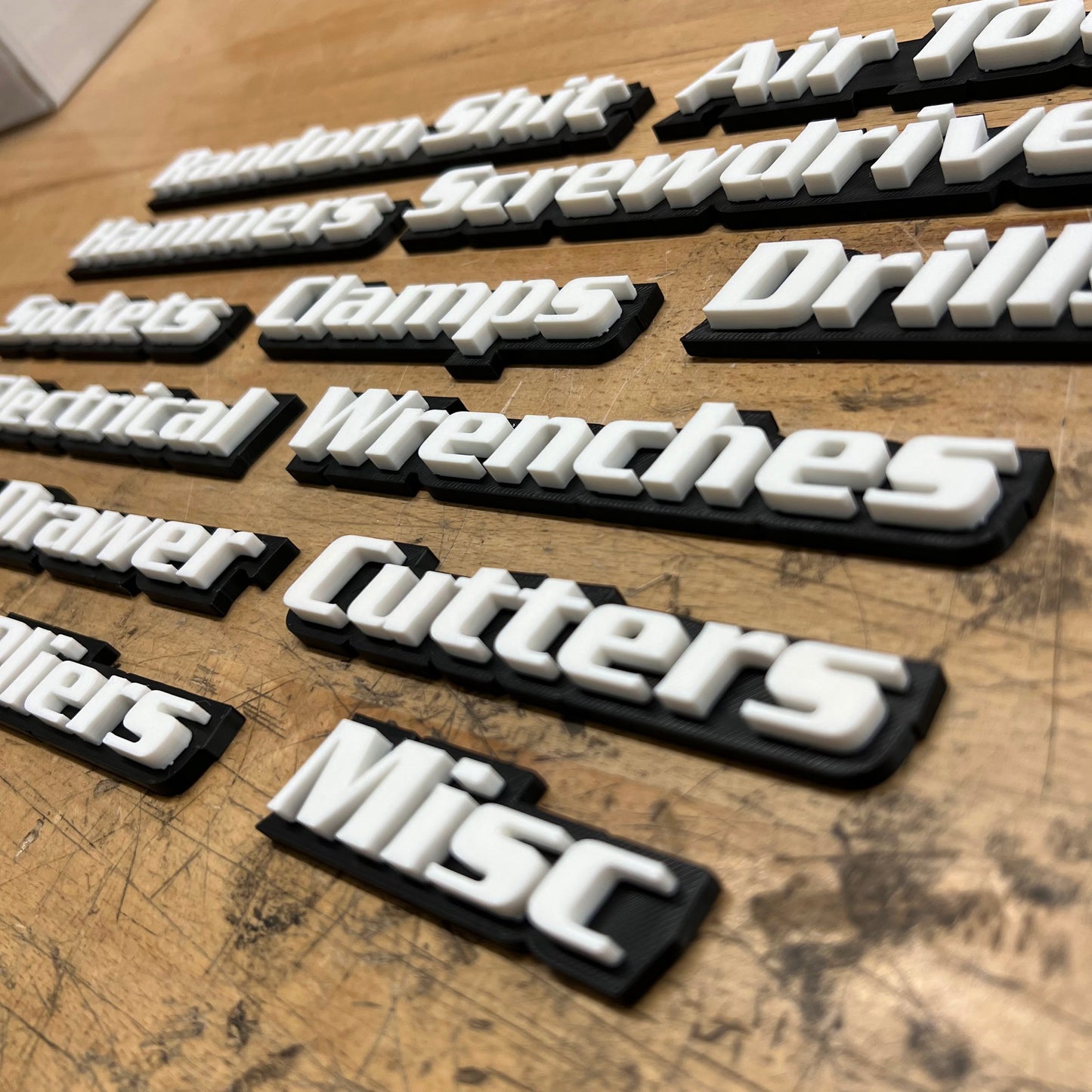 Custom Toolbox Drawer Emblems - 14 Piece Set As Shown - Italic Font - Economy