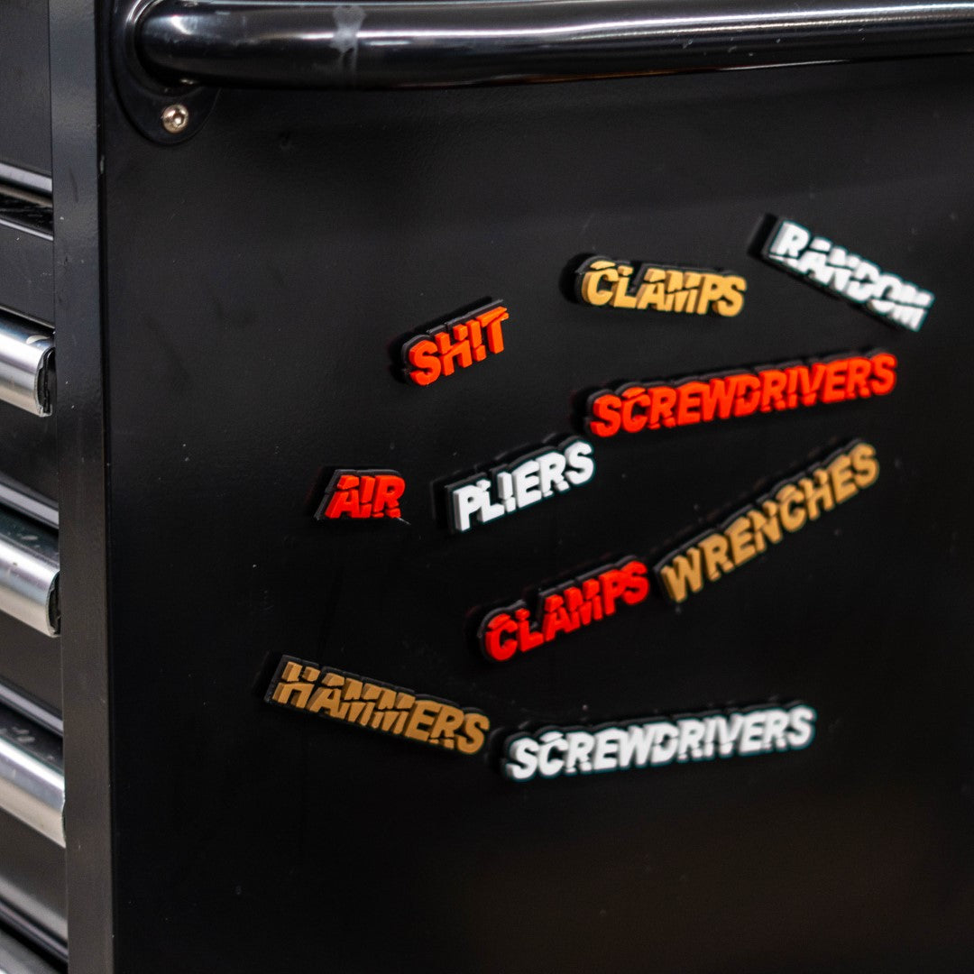 Custom Toolbox Drawer Emblems - Slash Font - Type Your Own - Multiple Colors Available