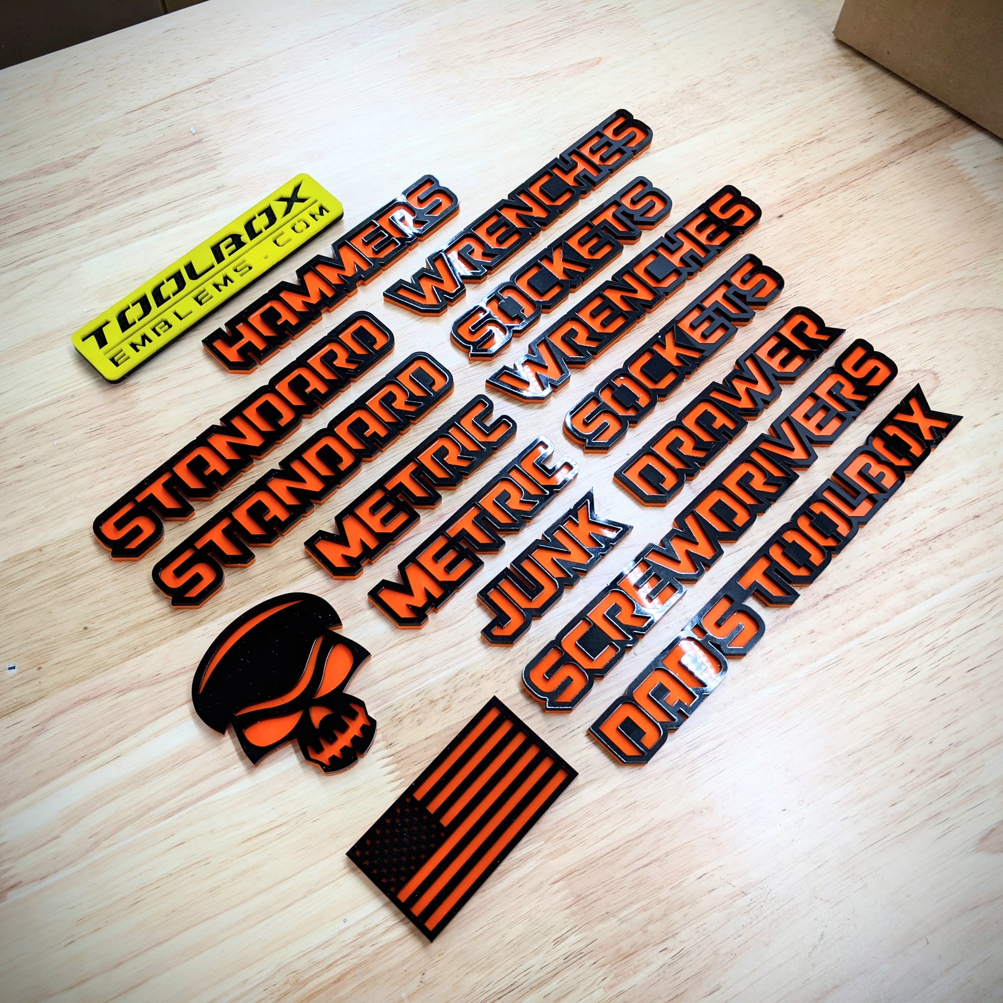 American Flag Toolbox Emblem - Multiple Colors Available Orange on Black / Magnetic